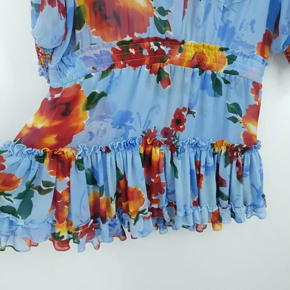 Misa Los Angeles Enya Floral Sheer Mini Dress Long Sleeve Orange & Blue Women XL - Picture 7 of 15